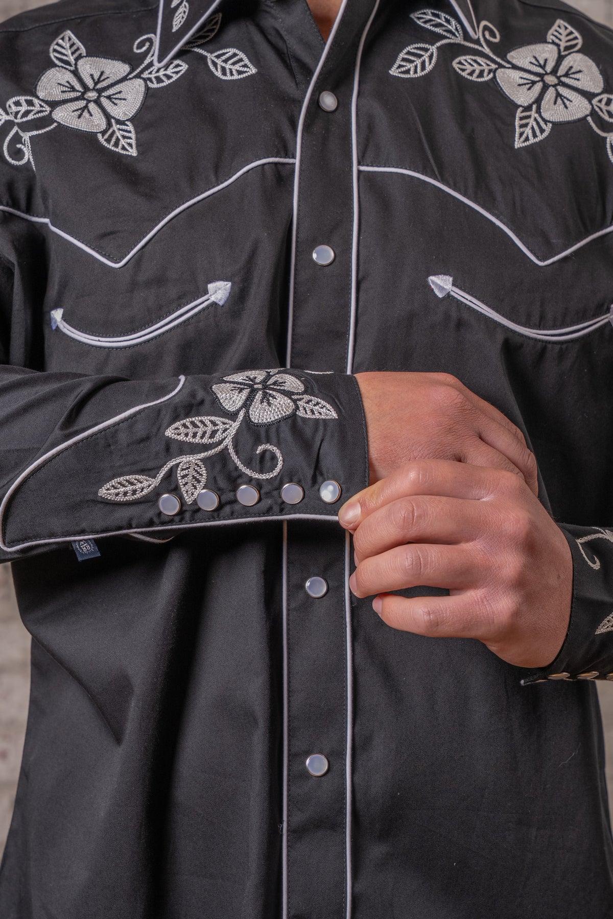 Men's Vintage Black Floral Embroidered Western Shirt by Rockmount Ranch Wear with fringe and pearl snap