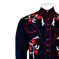 Men's Vintage Black Cascading Floral Embroidered Western Shirt by Rockmount Ranch Wear with floral embroidered snaps