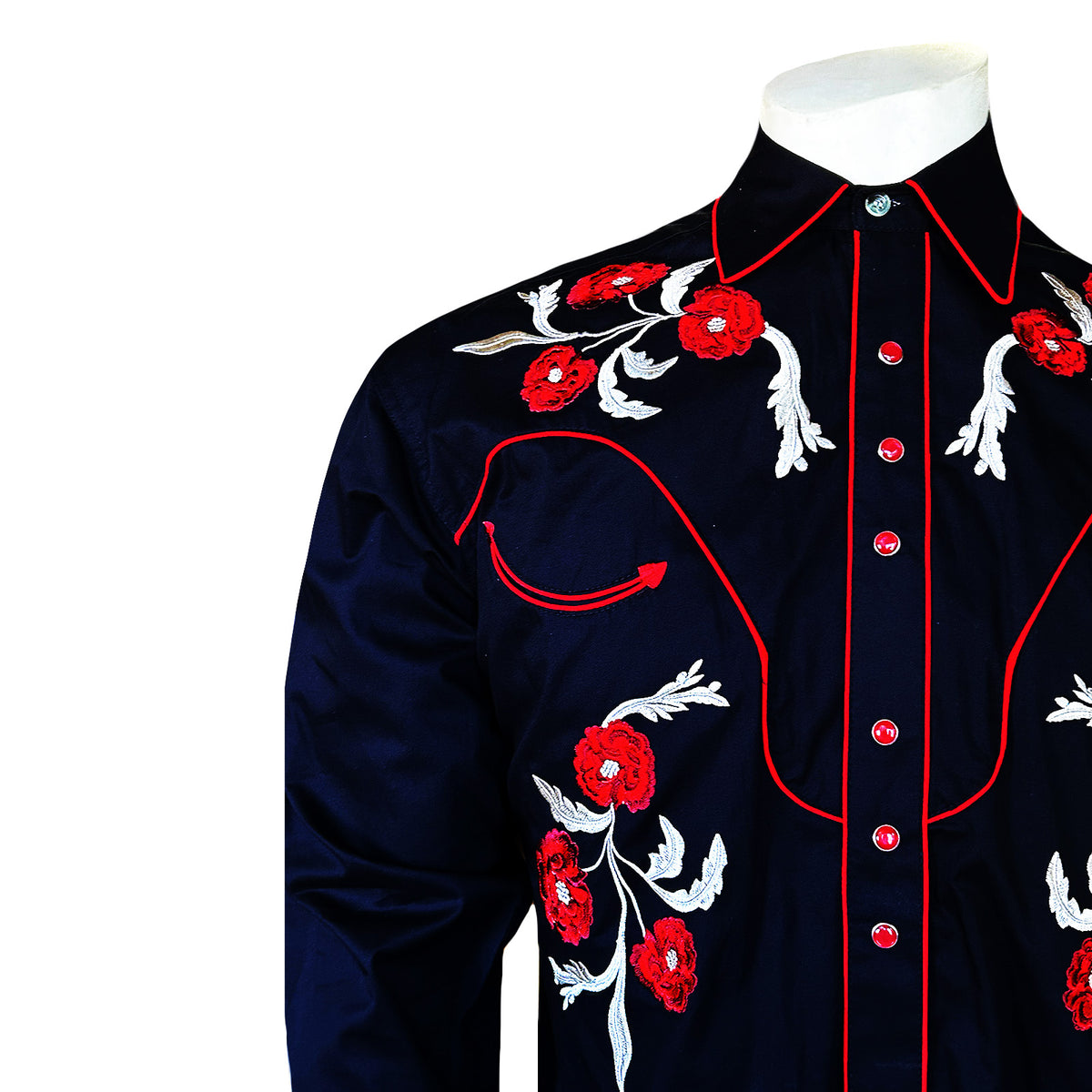 Men's Vintage Black Cascading Floral Embroidered Western Shirt by Rockmount Ranch Wear with floral embroidered snaps