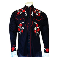 Men's Vintage Black Cascading Floral Embroidered Western Shirt by Rockmount Ranch Wear, triple snap front