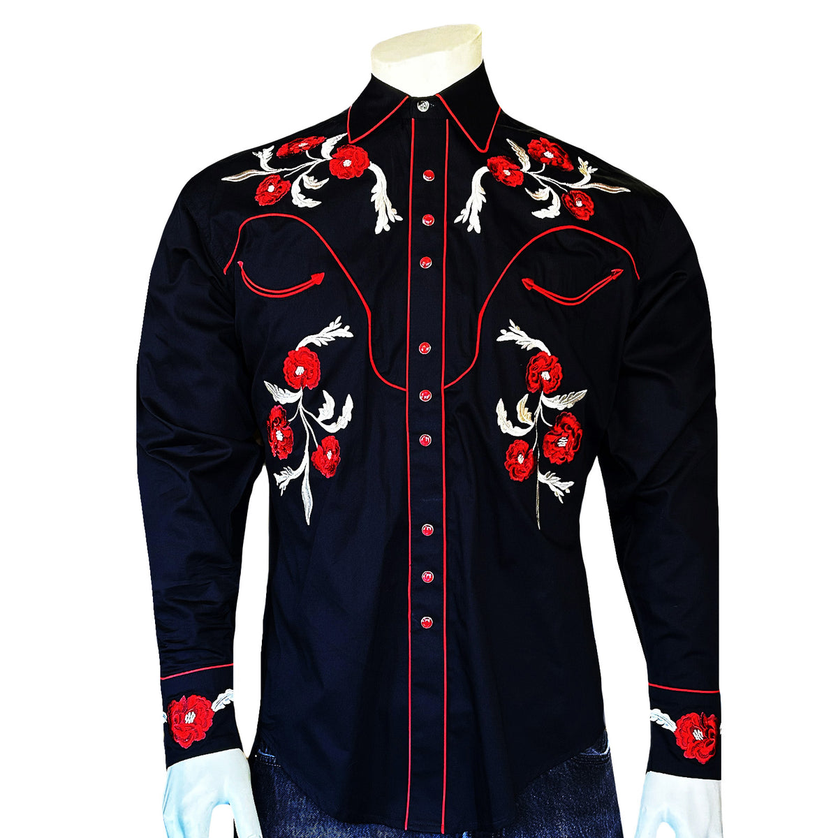 Men's Vintage Black Cascading Floral Embroidered Western Shirt by Rockmount Ranch Wear, triple snap front