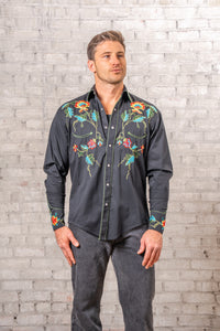 Men's Floral Embroidered Cotton Gabardine Black Western Shirt by Rockmount Ranch Wear, vintage floral embroidered