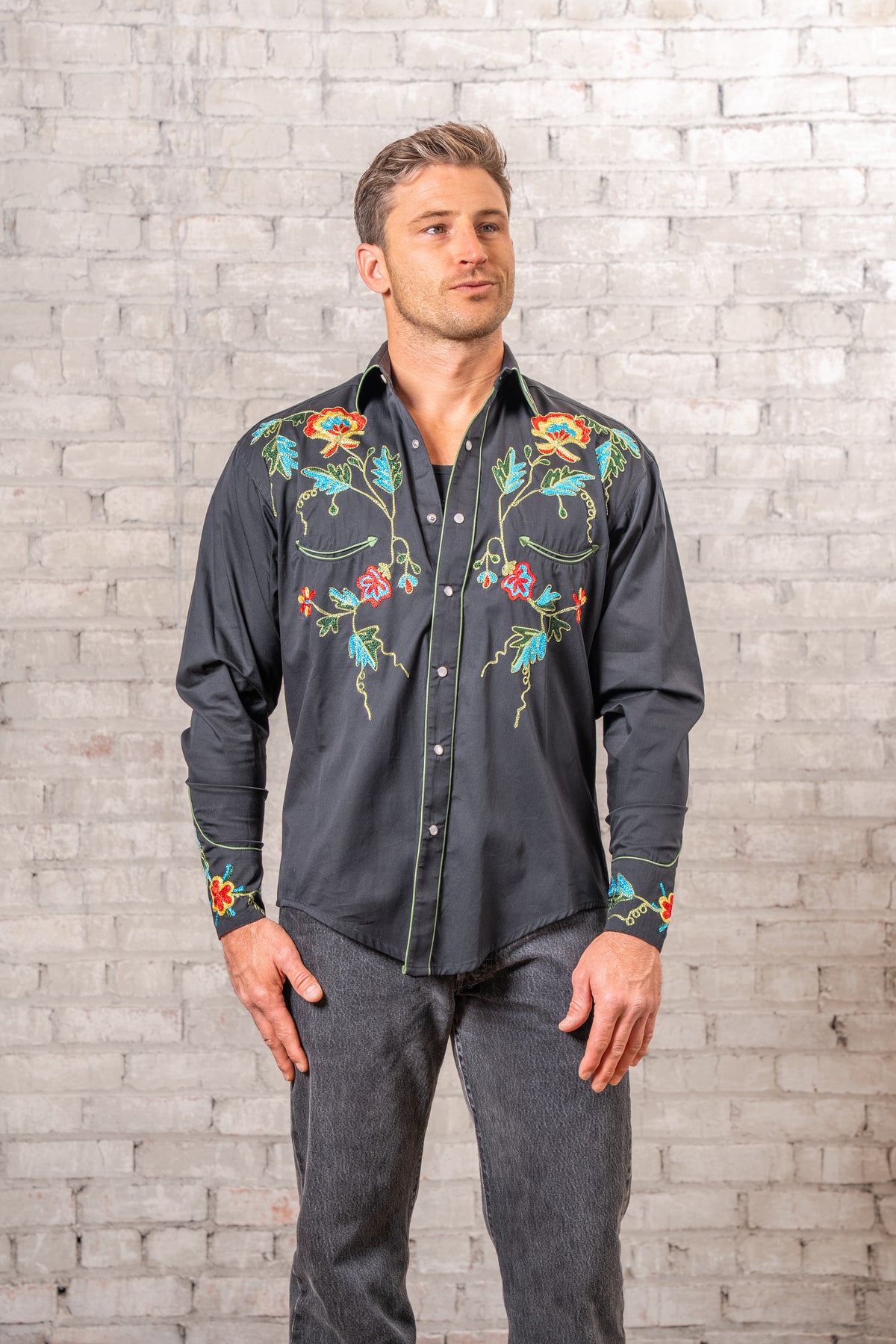 Men's Floral Embroidered Cotton Gabardine Black Western Shirt by Rockmount Ranch Wear, vintage floral embroidered