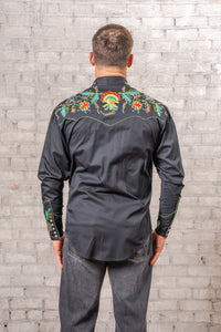 Men's Floral Embroidered Cotton Gabardine Black Western Shirt by Rockmount Ranch Wear with floral embroidery