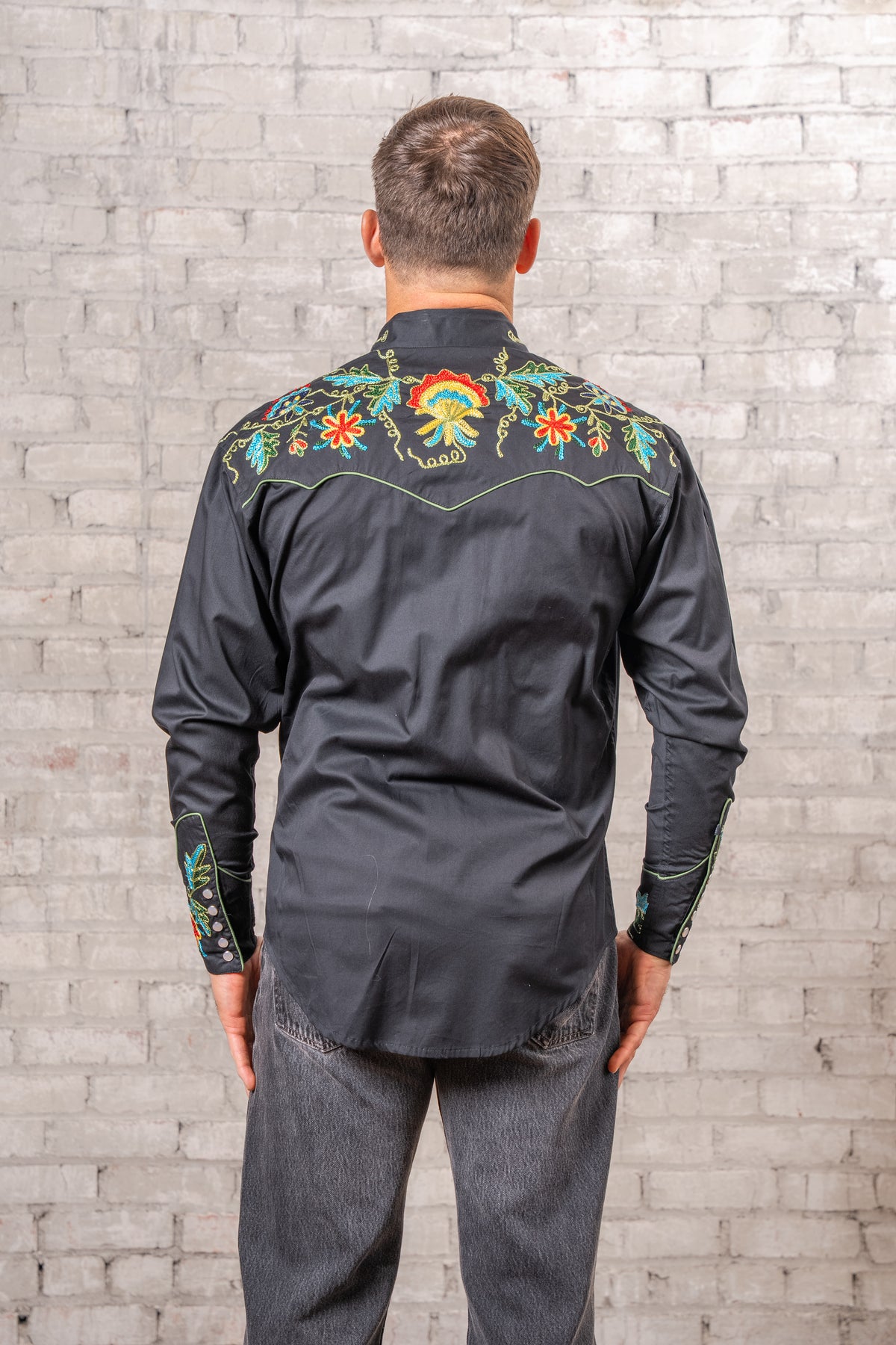 Men's Floral Embroidered Cotton Gabardine Black Western Shirt by Rockmount Ranch Wear with floral embroidery