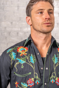 Men's Floral Embroidered Cotton Gabardine Black Western Shirt by Rockmount Ranch Wear with floral embroidery