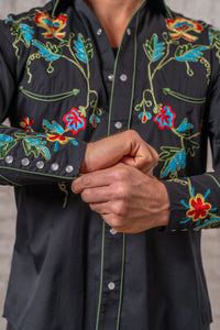 Men's Floral Embroidered Cotton Gabardine Black Western Shirt by Rockmount Ranch Wear with floral embroidery
