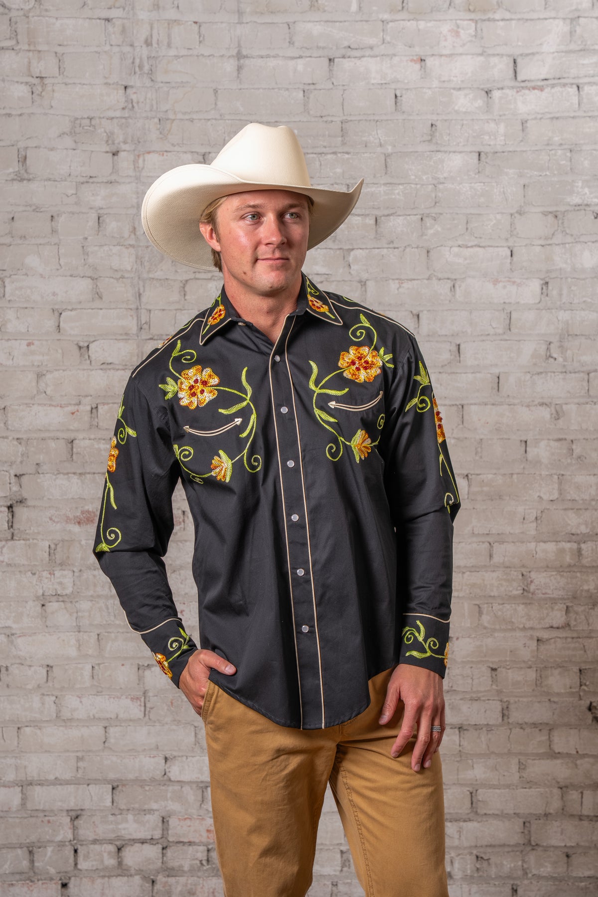 Men's Black Floral Embroidered Cotton Western Shirt by Rockmount Ranch Wear, vintage western wear with chenille embroidery