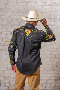 Men's Black Floral Embroidered Cotton Western Shirt by Rockmount Ranch Wear with chenille embroidered floral details