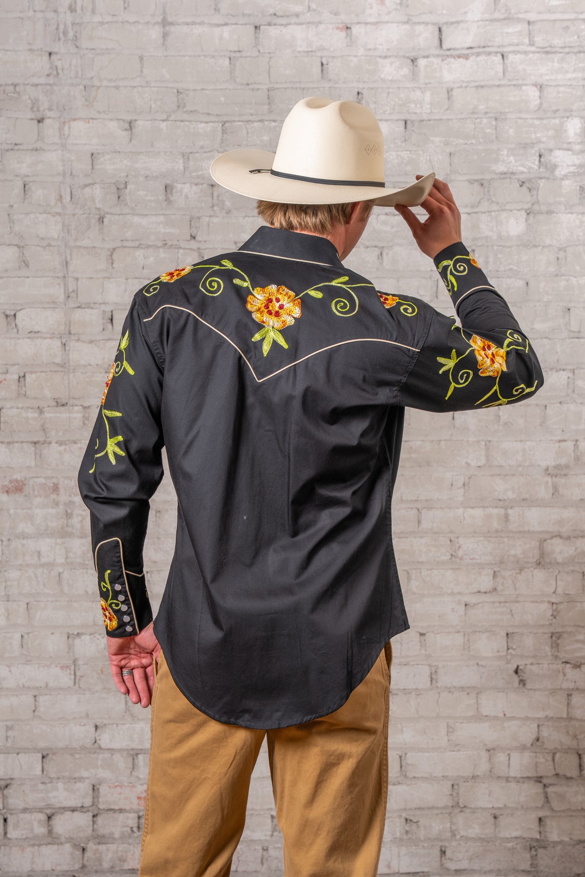 Men's Black Floral Embroidered Cotton Western Shirt by Rockmount Ranch Wear with chenille embroidered floral details