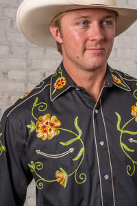Men's Black Floral Embroidered Cotton Gabardine Western Shirt by Rockmount Ranch Wear with chenille floral embroidery