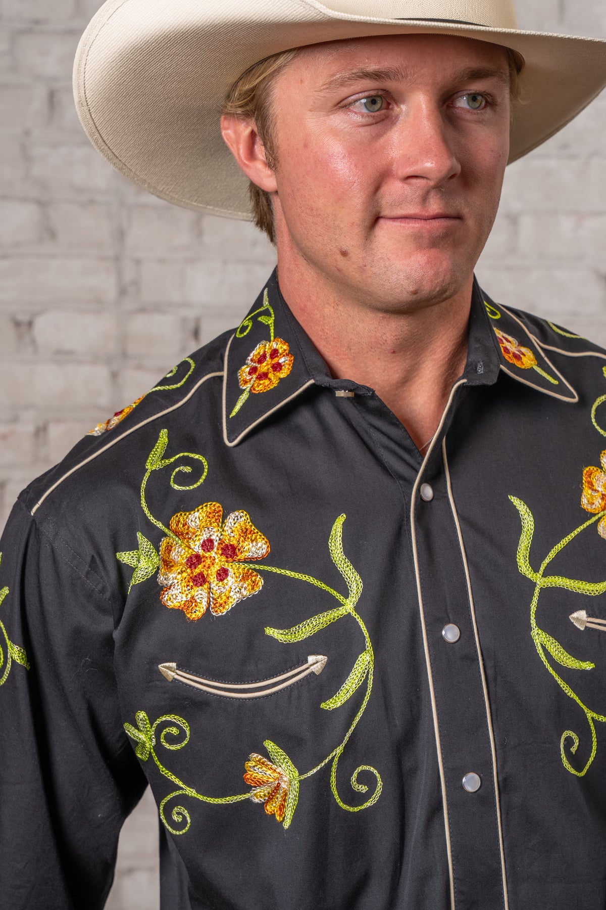 Men's Black Floral Embroidered Cotton Gabardine Western Shirt by Rockmount Ranch Wear with chenille floral embroidery