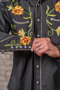 Men's Black Floral Embroidered Cotton Western Shirt Rockmount Ranch Wear with chenille embroidered floral snap