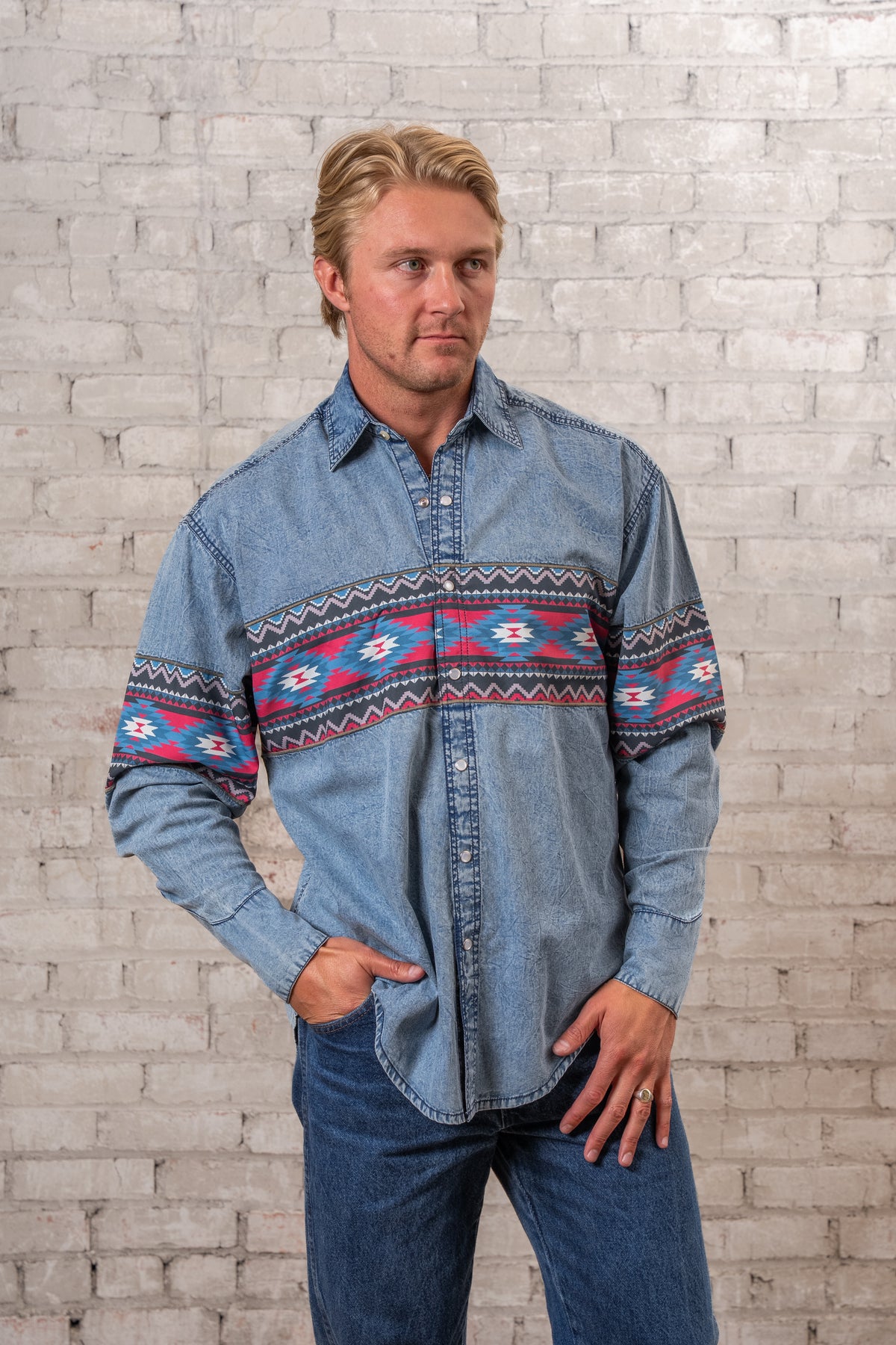 Men's 2-Tone Denim Red Native Pattern Chest Band Western Shirt by Rockmount Ranch Wear with embroidered chest band