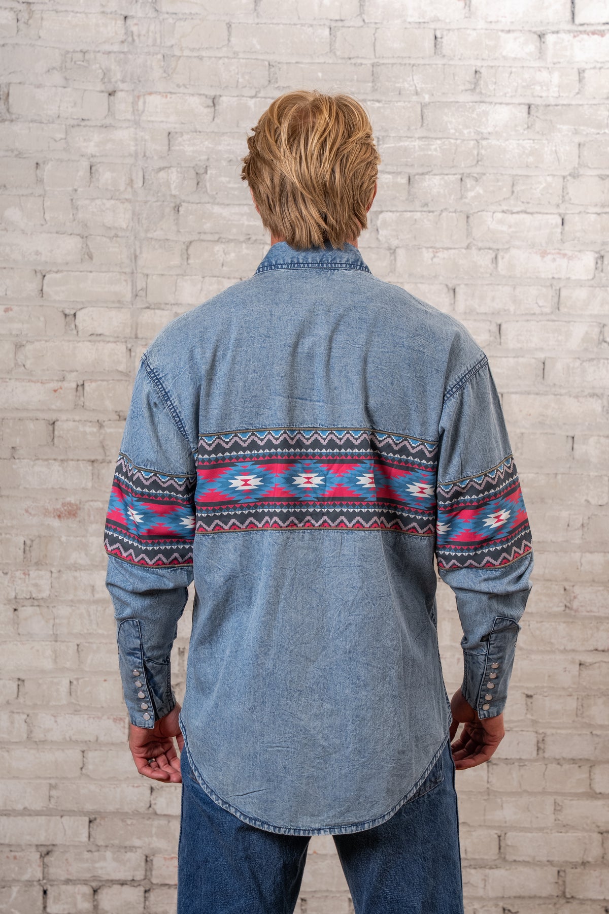 Men's 2-Tone Denim Red Native Pattern Chest Band Western Shirt by Rockmount Ranch Wear, embroidered western shirt