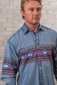 Men's 2-Tone Denim and Red Native Pattern Chest Band Western Shirt Rockmount Ranch Wear, embroidered chest band