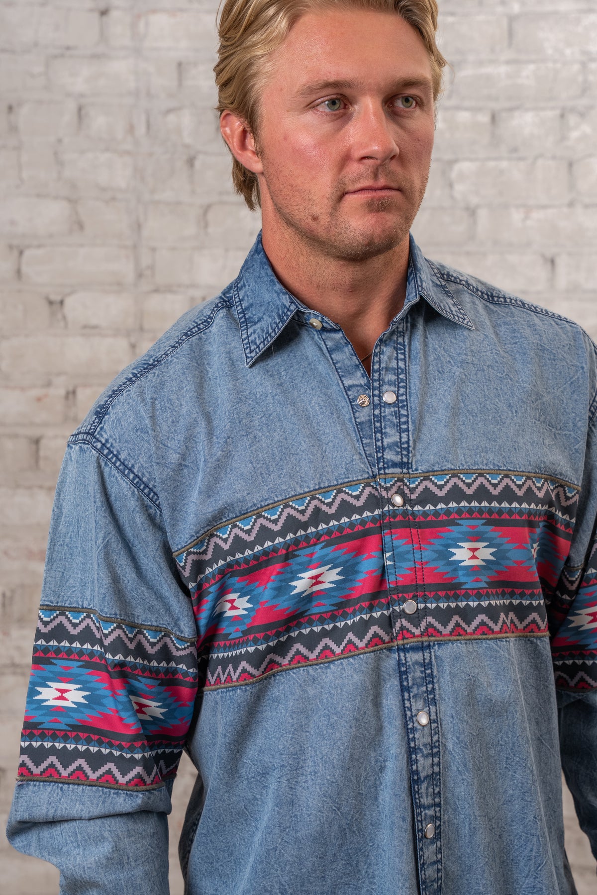 Men's 2-Tone Denim and Red Native Pattern Chest Band Western Shirt Rockmount Ranch Wear, embroidered chest band