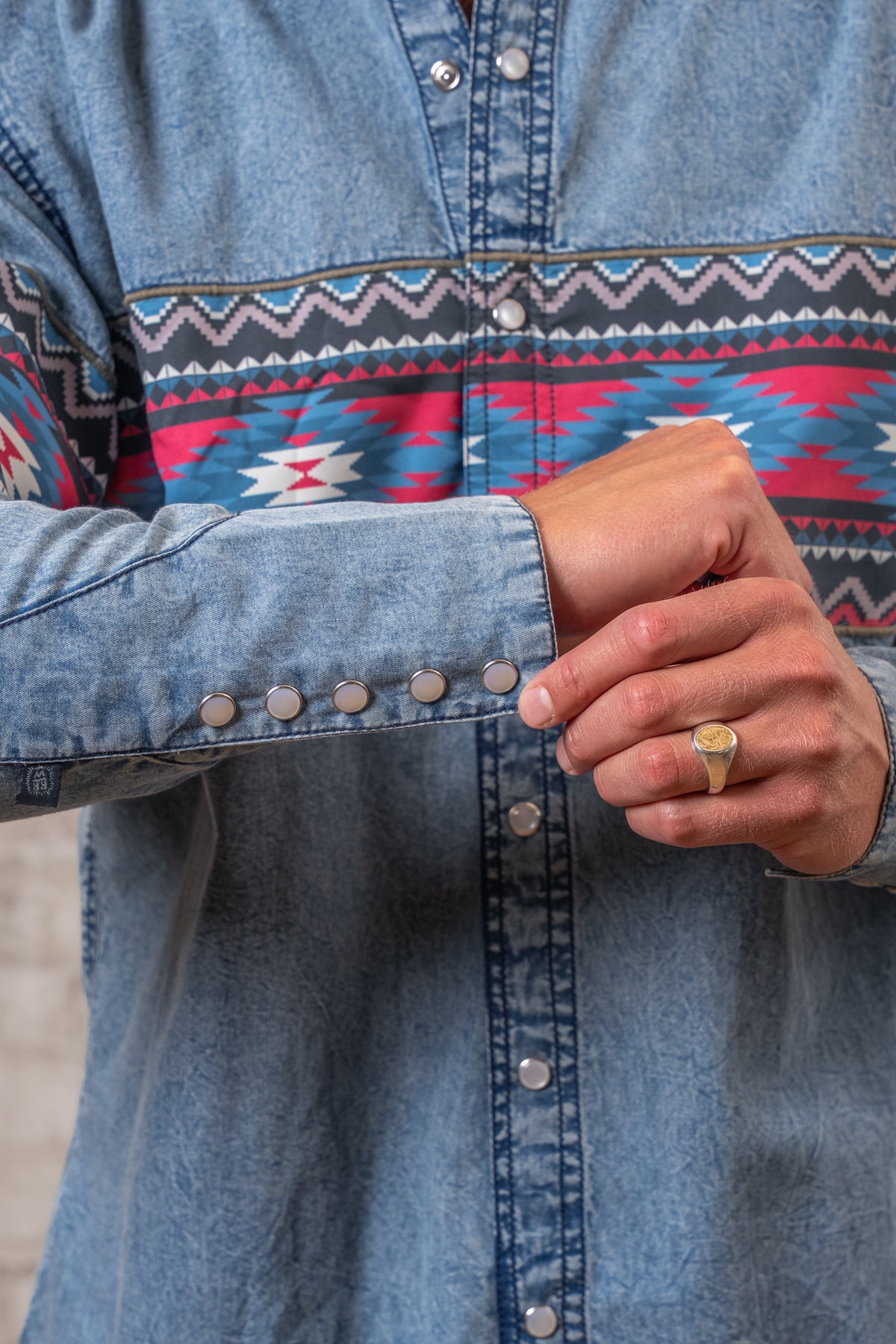 Men's 2-Tone Denim Red Native Pattern Chest Band Western Shirt by Rockmount Ranch Wear with snap button shirt