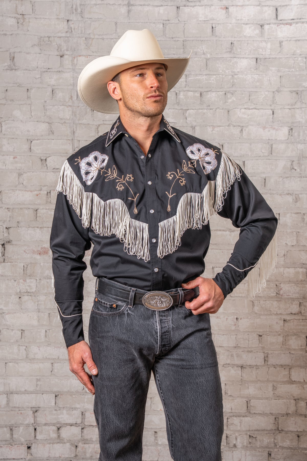 Men's Vintage Fringe Black Embroidered Western Shirt by Rockmount Ranch Wear, genuine hand chenille embroidery
