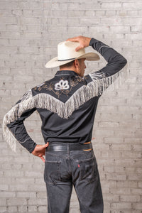 Men's Vintage Fringe Black Embroidered Western Shirt by Rockmount Ranch Wear with fringe and genuine hand chenille