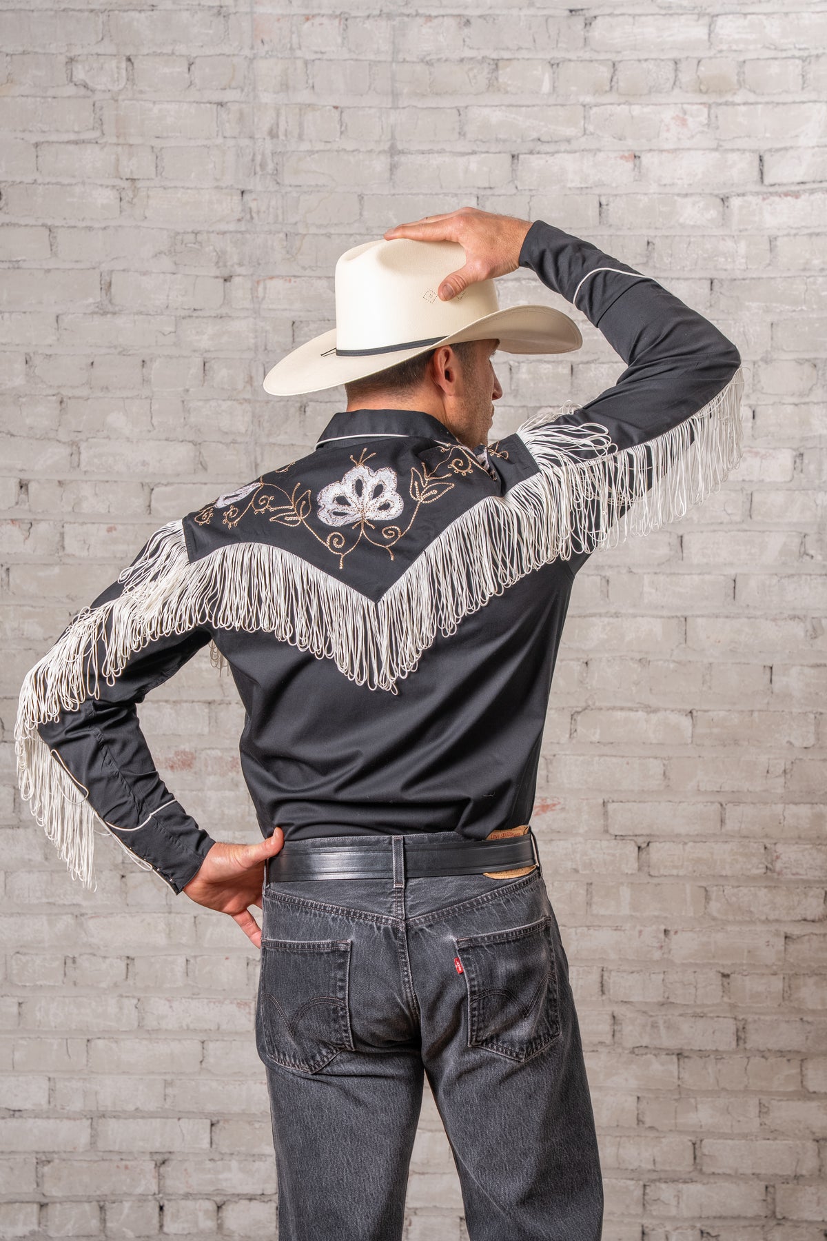 Men's Vintage Fringe Black Embroidered Western Shirt by Rockmount Ranch Wear with fringe and genuine hand chenille
