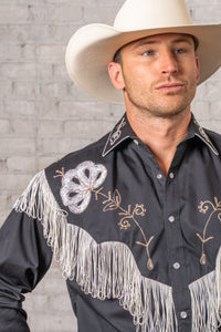 Men's Vintage Fringe Black Embroidered Western Shirt by Rockmount Ranch Wear with genuine hand chenille embroidery