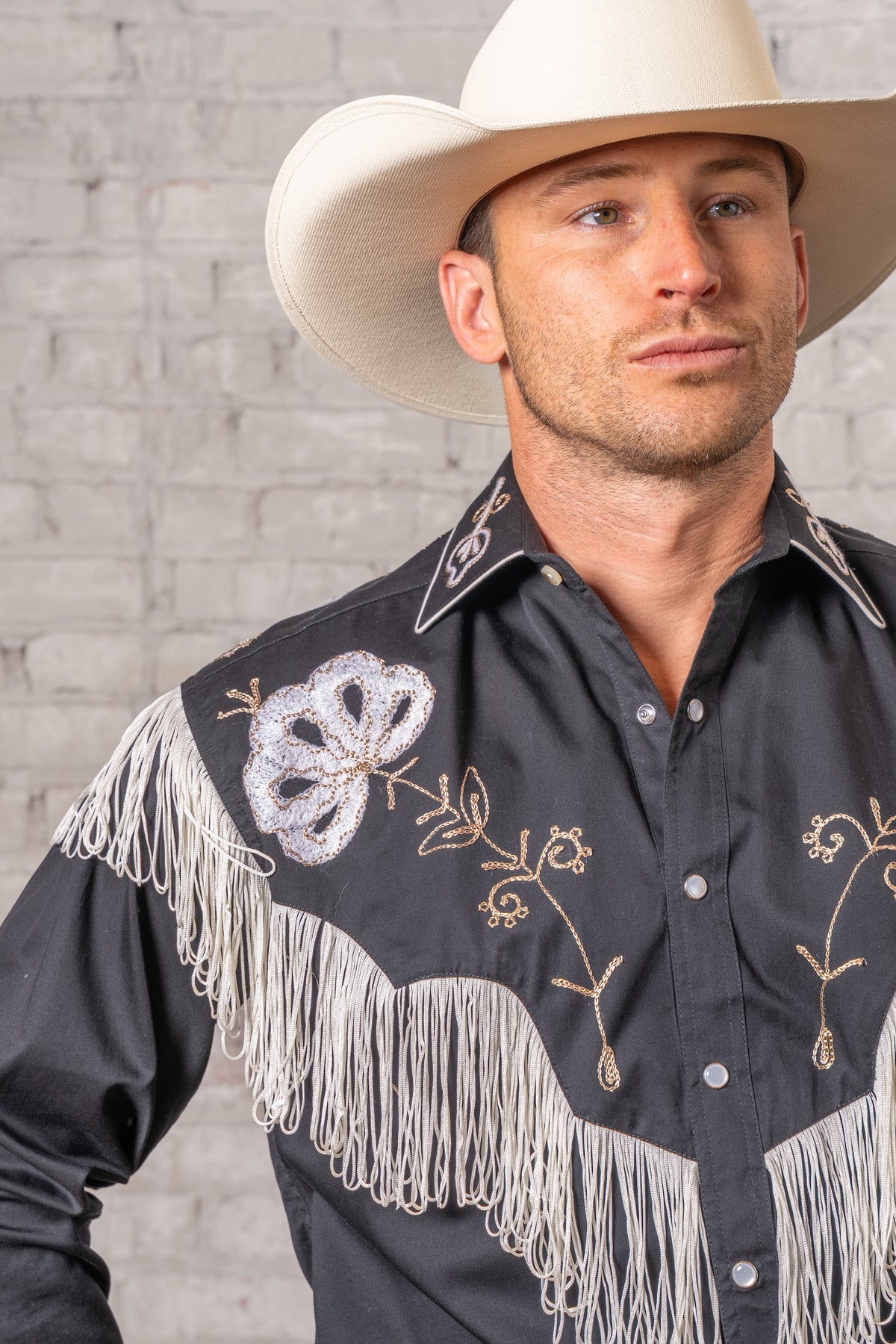 Men's Vintage Fringe Black Embroidered Western Shirt by Rockmount Ranch Wear with genuine hand chenille embroidery