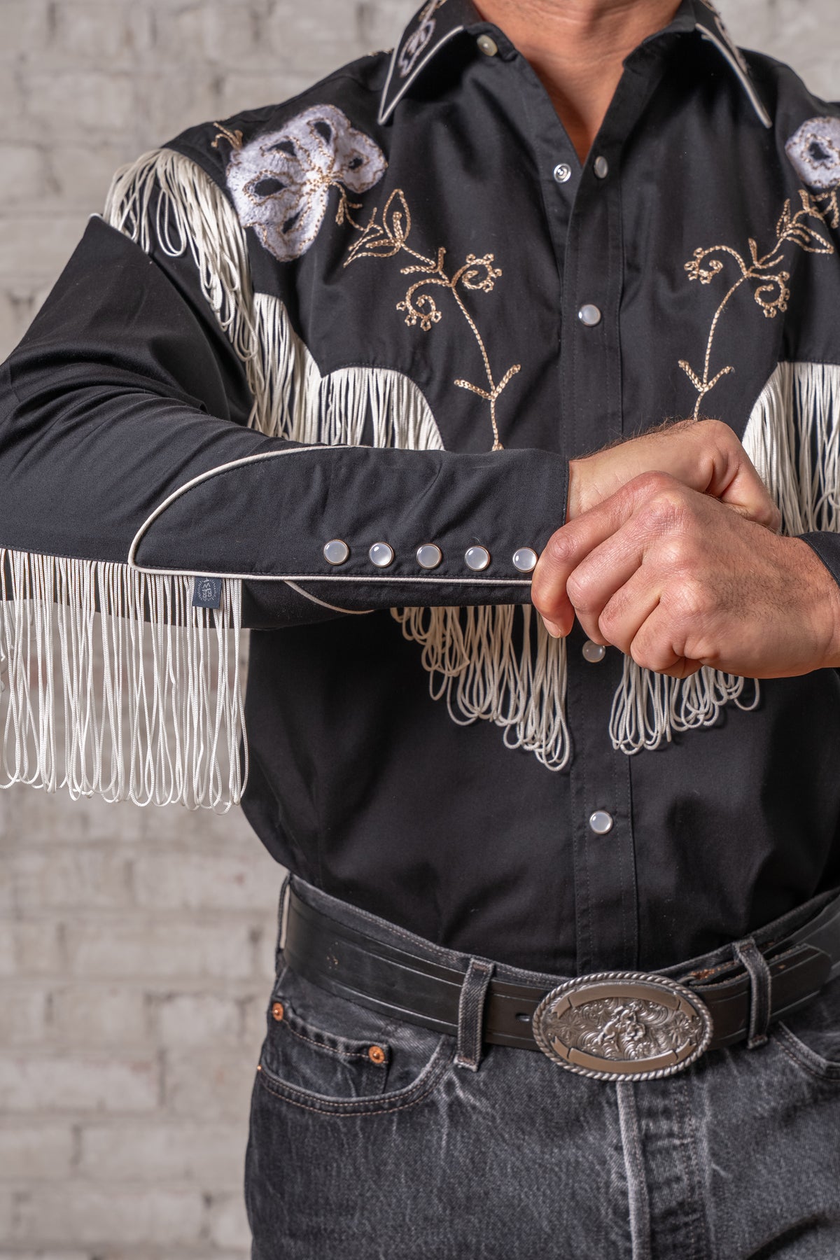 Men's Vintage Fringe Black Embroidered Western Shirt by Rockmount Ranch Wear, fringe and genuine hand chenille embroidery