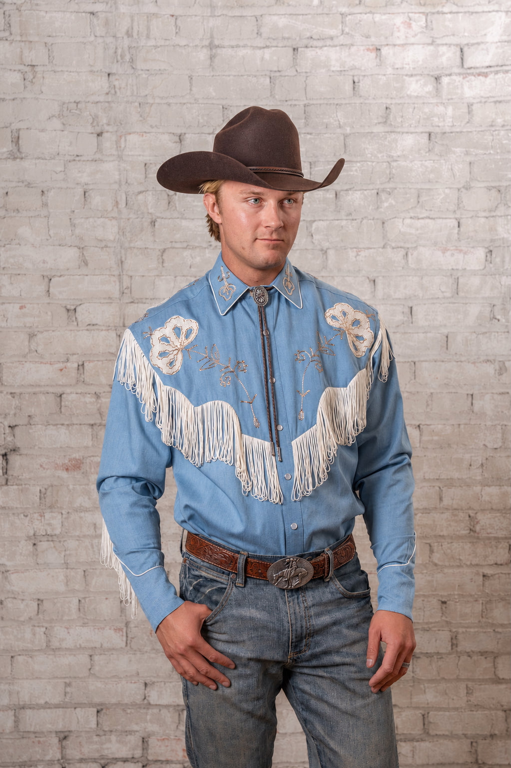 Men's Vintage Fringe Denim Embroidered Western Shirt by Rockmount Ranch Wear, fringe and floral embroidery