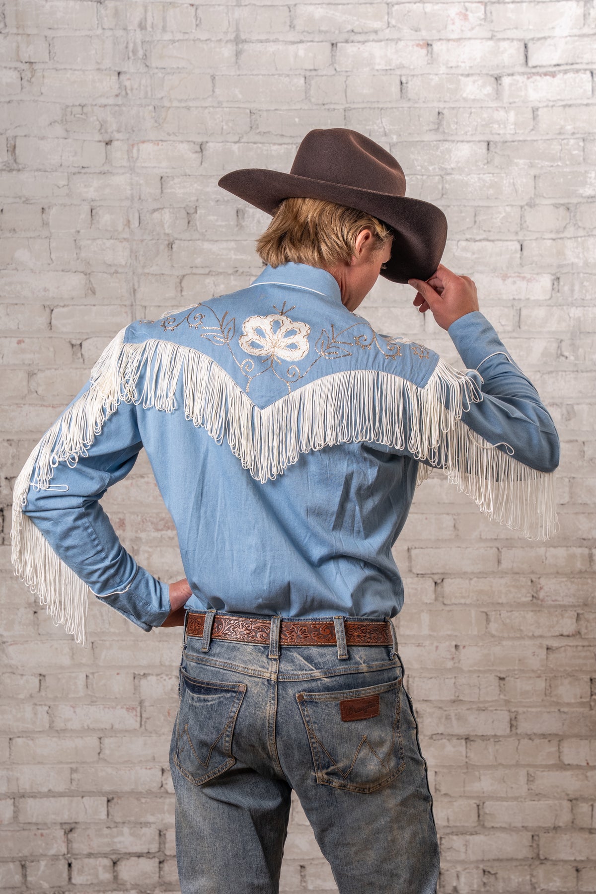 Men's Vintage Fringe Denim Embroidered Western Shirt by Rockmount Ranch Wear in blue with floral snaps