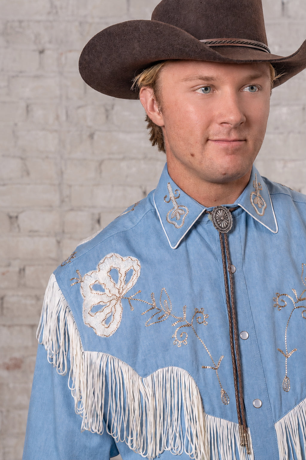 Men's Vintage Fringe Denim Embroidered Western Shirt by Rockmount Ranch Wear in blue with fringe and floral embroidery