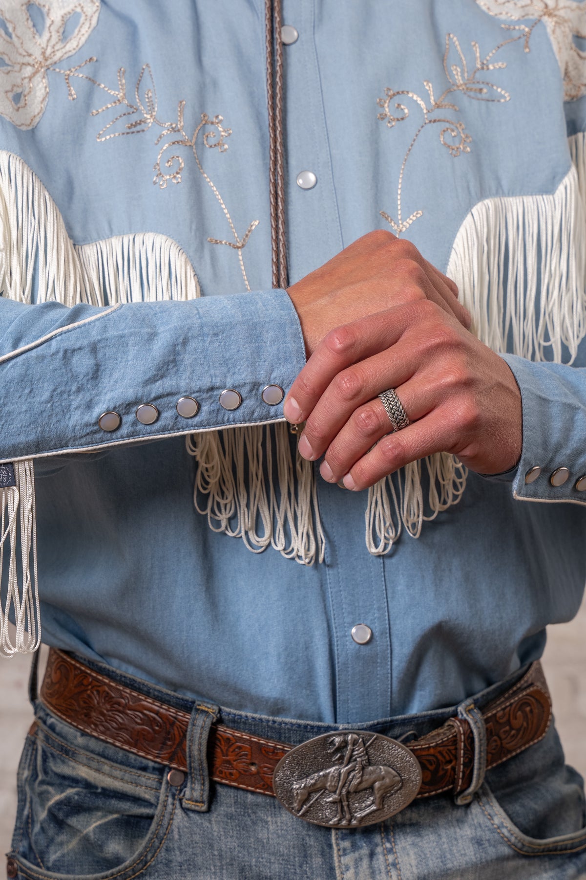 Men's Vintage Fringe Denim Embroidered Western Shirt by Rockmount Ranch Wear with fringe and genuine hand chenille