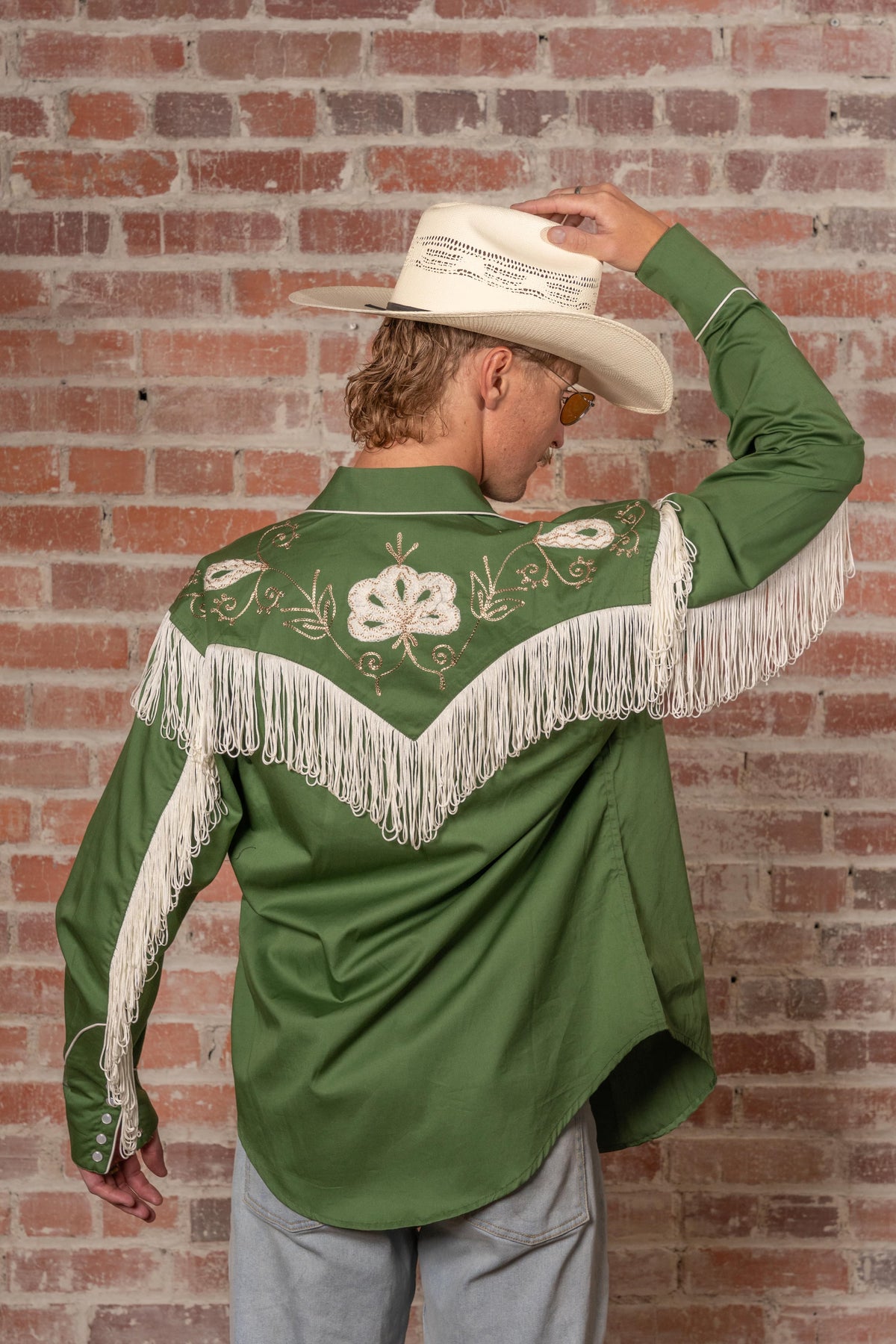 Men's Vintage Green Fringe Embroidered Western Shirt by Rockmount Ranch Wear with fringe western shirt details