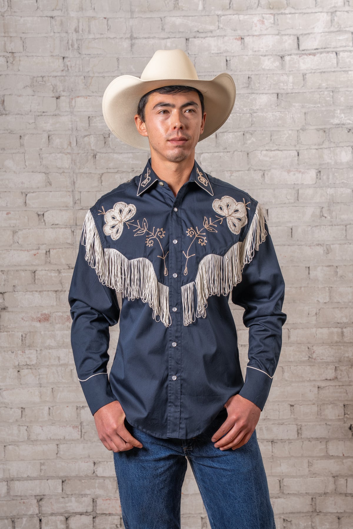 Men's Vintage Fringe Navy Embroidered Western Shirt by Rockmount Ranch Wear with fringe and floral embroidery