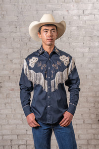 Men's Vintage Fringe Navy Embroidered Western Shirt by Rockmount Ranch Wear with fringe and floral embroidery