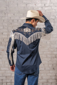 Men's Vintage Fringe Navy Embroidered Western Shirt by Rockmount Ranch Wear, embroidered western shirt with fringe
