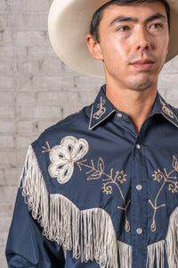 Men's Vintage Fringe Navy Embroidered Western Shirt by Rockmount Ranch Wear with fringe and hand chenille embroidery