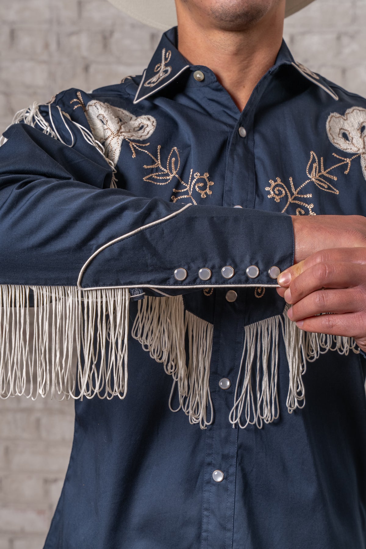 Men's Vintage Fringe Navy Embroidered Western Shirt by Rockmount Ranch Wear with genuine hand chenille embroidery