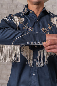 Men's Vintage Fringe Navy Embroidered Western Shirt by Rockmount Ranch Wear with genuine hand chenille embroidery