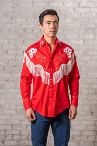 Men's Vintage Red Fringe Embroidered Western Shirt by Rockmount Ranch Wear with fringe embroidered floral details