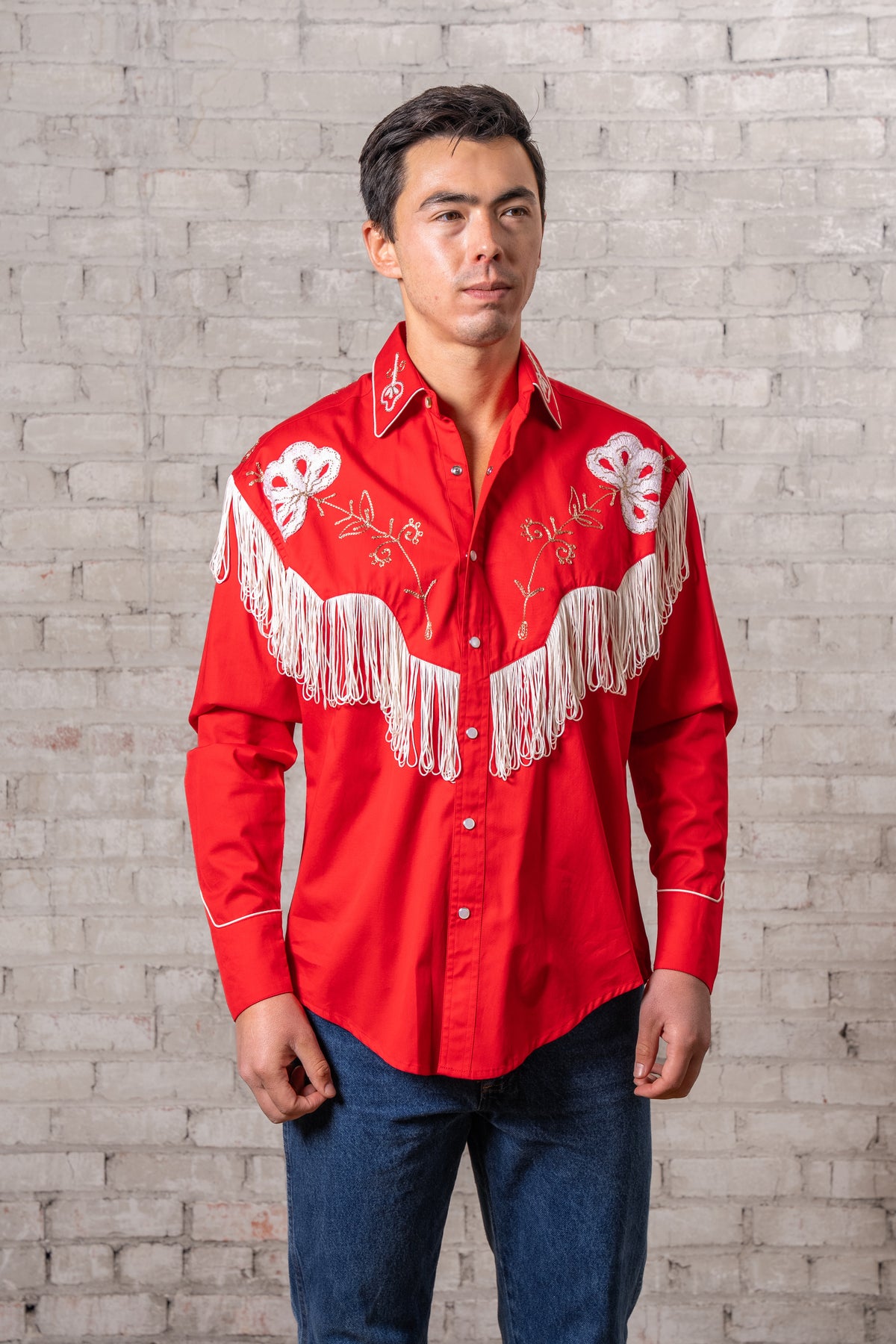 Men's Vintage Red Fringe Embroidered Western Shirt by Rockmount Ranch Wear with fringe embroidered floral details