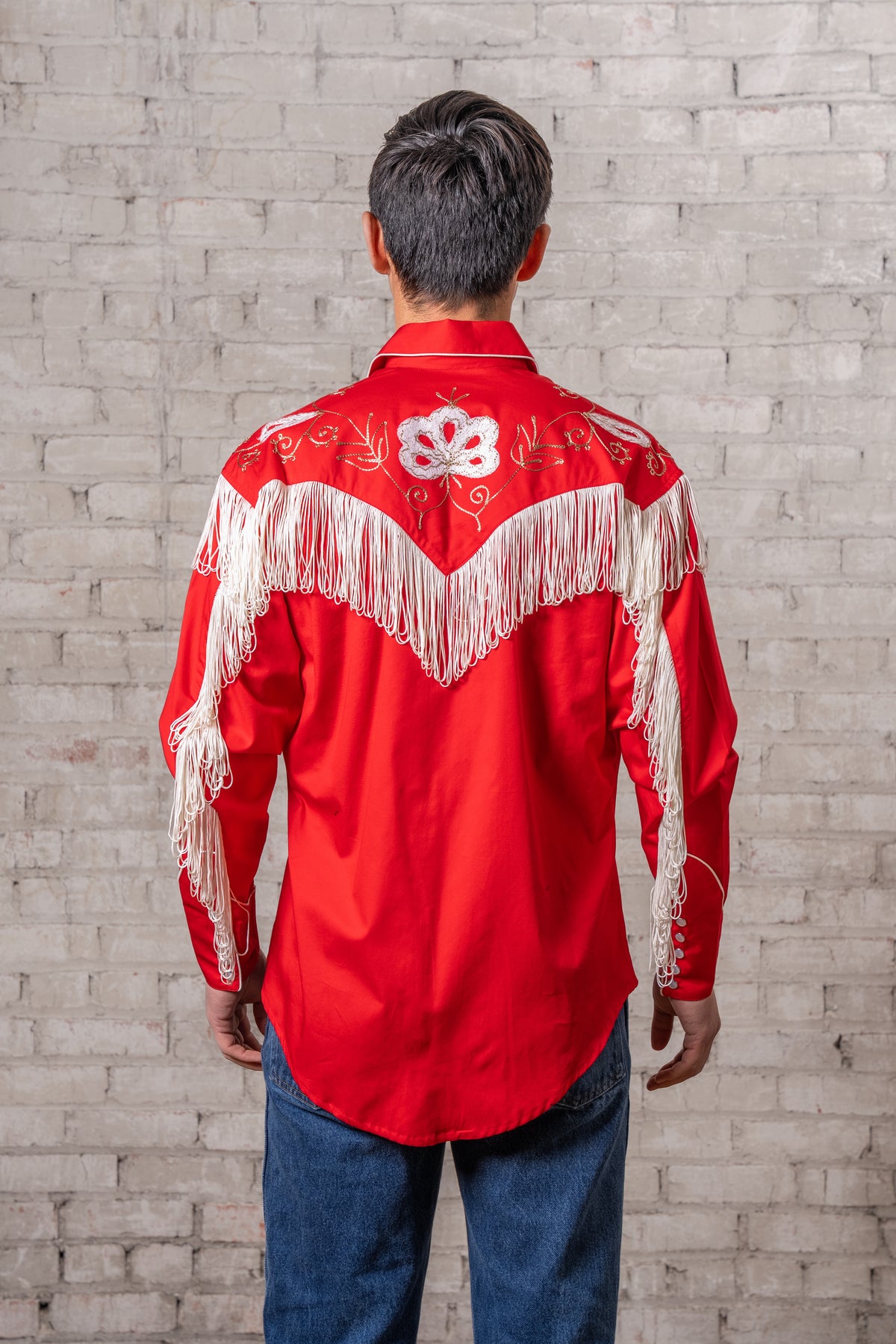 Men's Vintage Red Fringe Embroidered Western Shirt by Rockmount Ranch Wear, vintage western wear with fringe