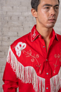 Men's Vintage Red Fringe Embroidered Western Shirt by Rockmount Ranch Wear with fringe and genuine hand chenille embroidery
