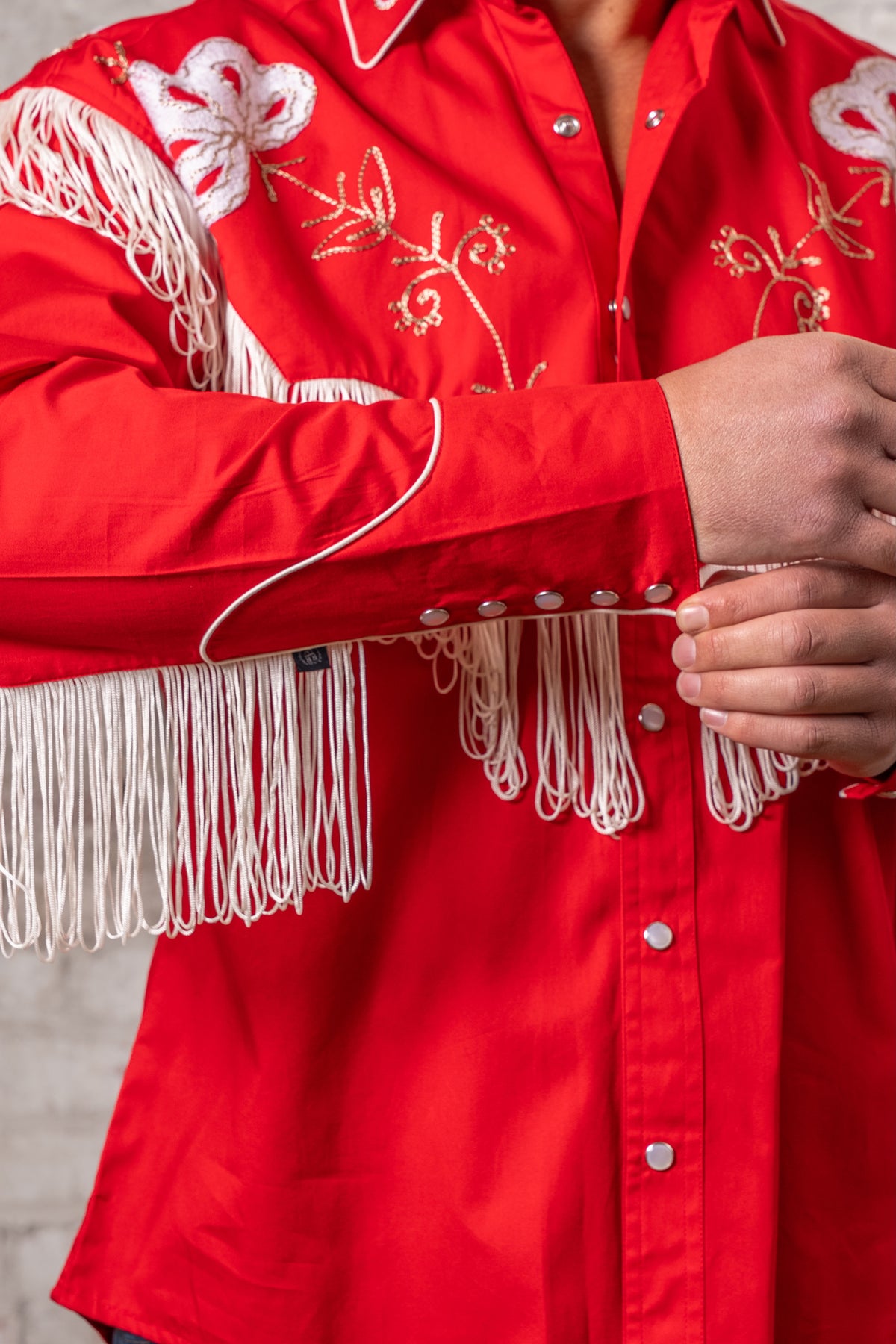 Men's Vintage Red Fringe Embroidered Western Shirt by Rockmount Ranch Wear with genuine hand chenille embroidery