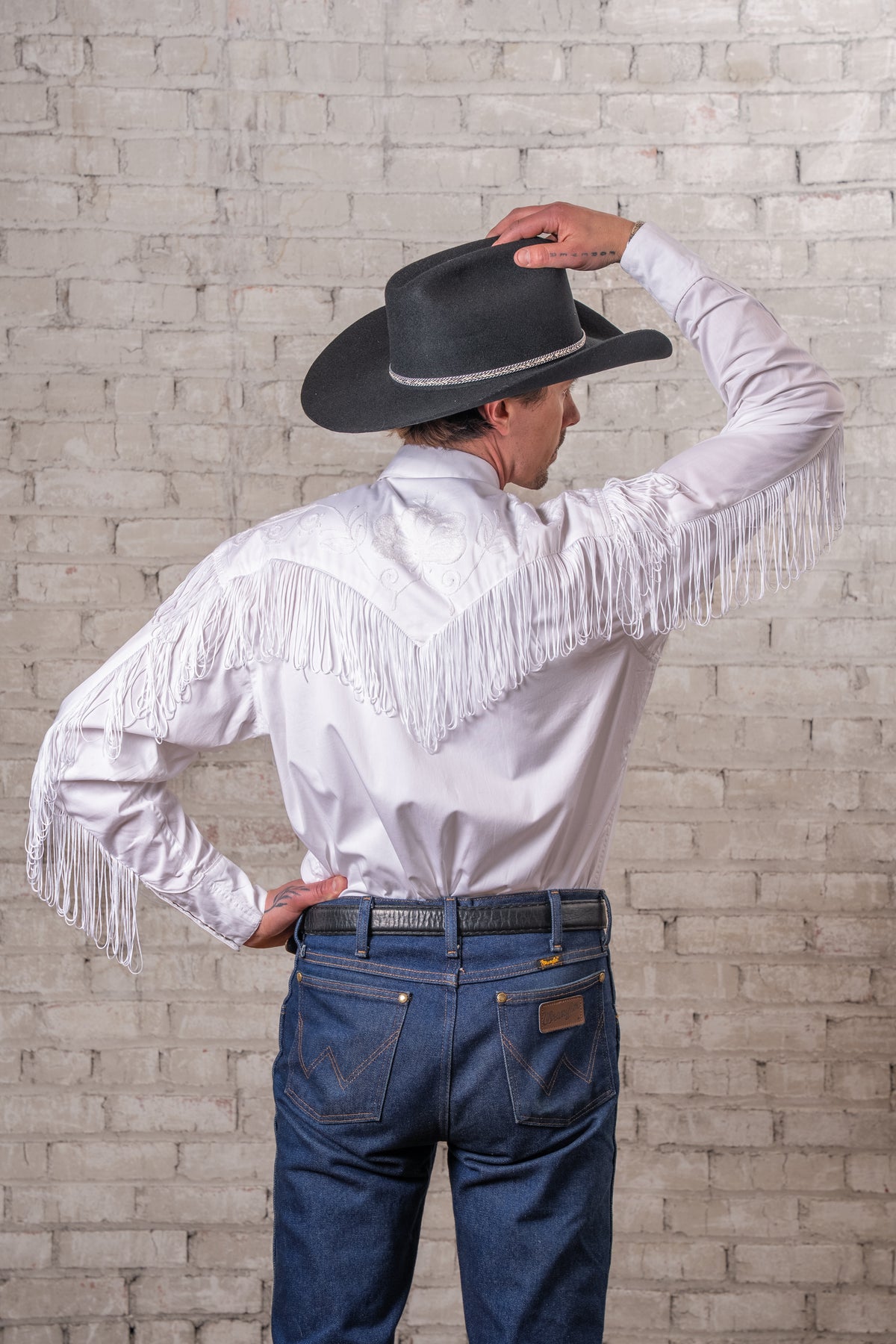 Men's Vintage White Fringe Embroidered Western Shirt by Rockmount Ranch Wear with fringe and genuine hand chenille