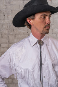 Men's Vintage White Fringe Embroidered Western Shirt by Rockmount Ranch Wear with fringe and embroidered floral details