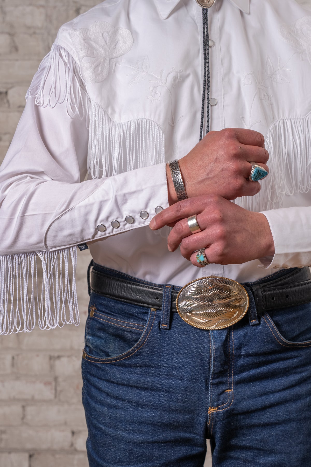 Men's Vintage White Fringe Embroidered Western Shirt by Rockmount Ranch Wear, genuine hand chenille embroidery