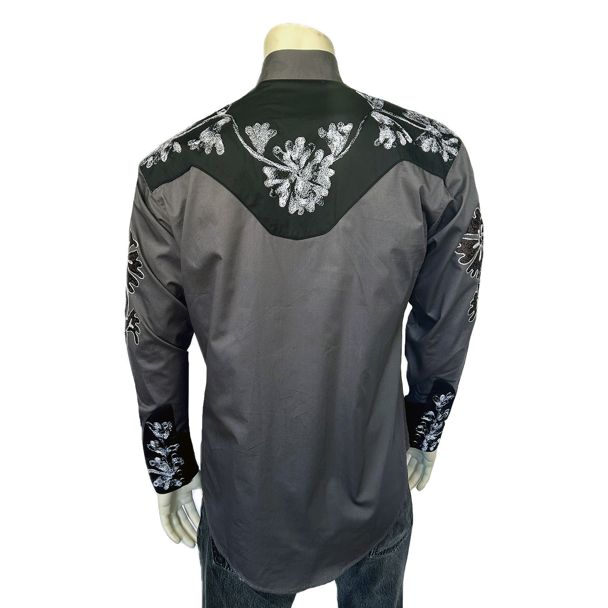 Men's Floral 2-Tone Black and Grey Embroidered Western Shirt by Rockmount Ranch Wear with floral embroidered back