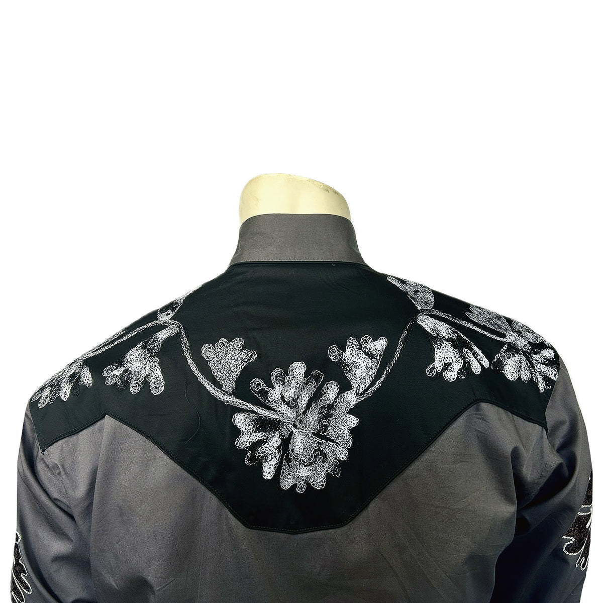 Men's Floral 2-Tone Black and Grey Embroidered Western Shirt Rockmount Ranch Wear with floral embroidered detail