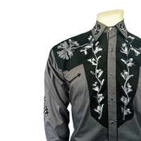 Men's Floral 2-Tone Black and Grey Embroidered Western Shirt by Rockmount Ranch Wear with floral embroidered details